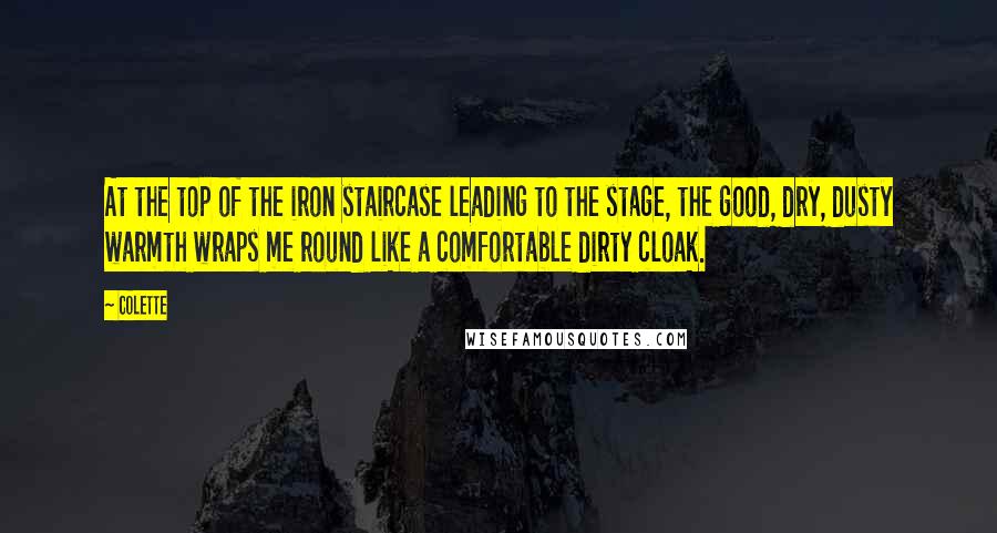 Colette Quotes: At the top of the iron staircase leading to the stage, the good, dry, dusty warmth wraps me round like a comfortable dirty cloak.