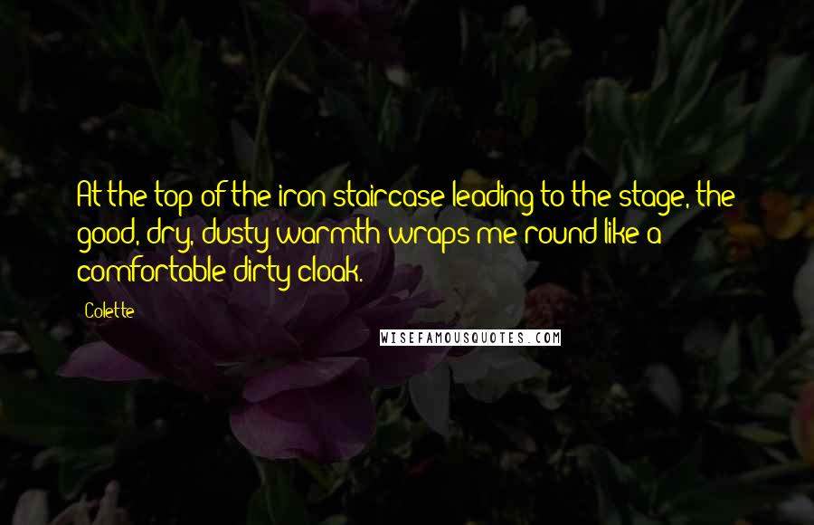 Colette Quotes: At the top of the iron staircase leading to the stage, the good, dry, dusty warmth wraps me round like a comfortable dirty cloak.