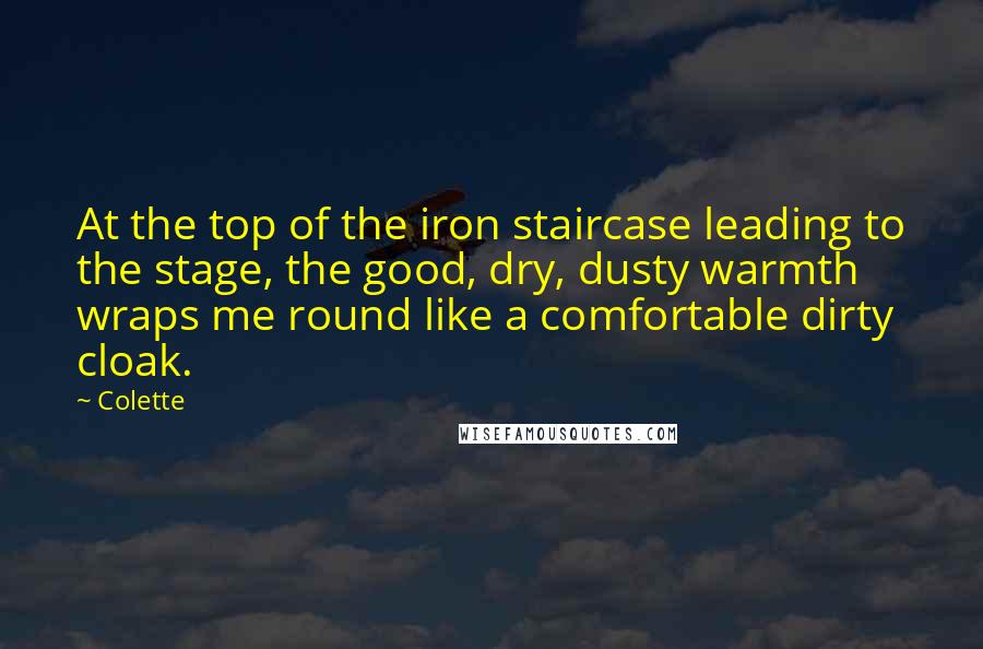 Colette Quotes: At the top of the iron staircase leading to the stage, the good, dry, dusty warmth wraps me round like a comfortable dirty cloak.