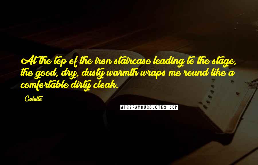 Colette Quotes: At the top of the iron staircase leading to the stage, the good, dry, dusty warmth wraps me round like a comfortable dirty cloak.