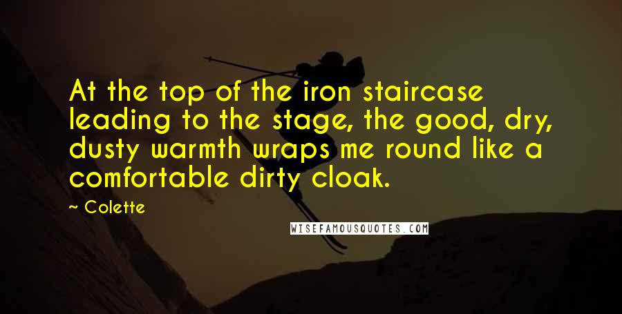 Colette Quotes: At the top of the iron staircase leading to the stage, the good, dry, dusty warmth wraps me round like a comfortable dirty cloak.