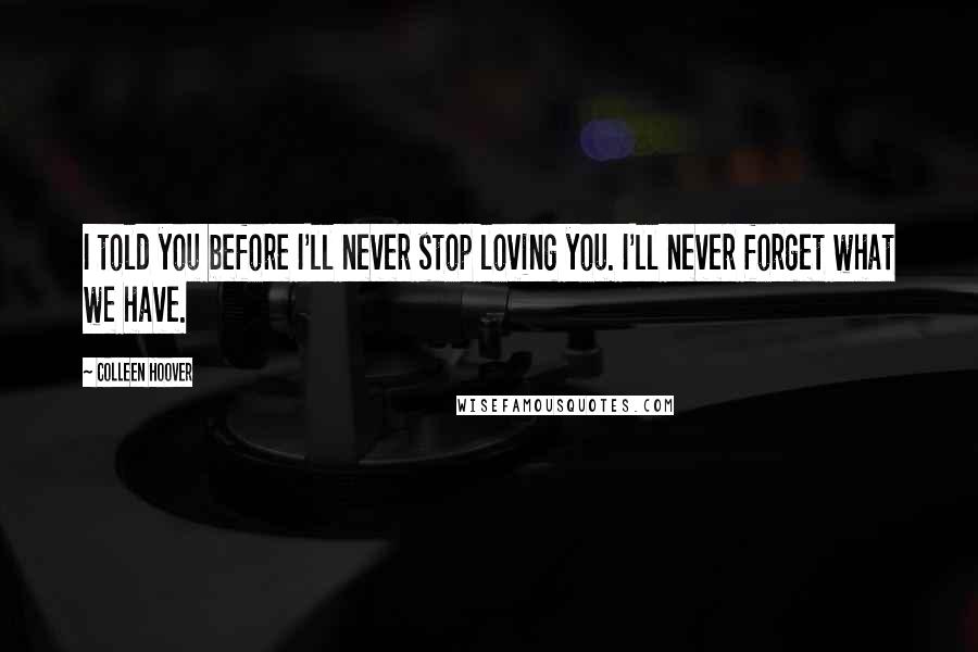 Colleen Hoover Quotes: I told you before I'll never stop loving you. I'll never forget what we have.