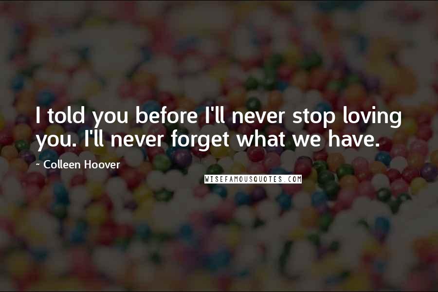 Colleen Hoover Quotes: I told you before I'll never stop loving you. I'll never forget what we have.