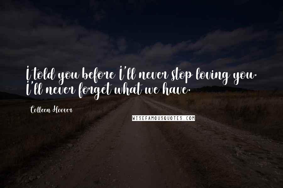 Colleen Hoover Quotes: I told you before I'll never stop loving you. I'll never forget what we have.