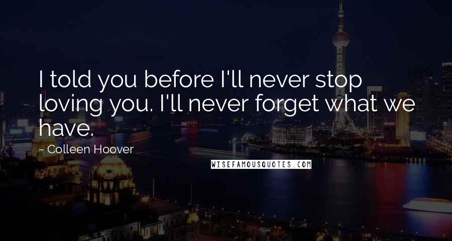 Colleen Hoover Quotes: I told you before I'll never stop loving you. I'll never forget what we have.