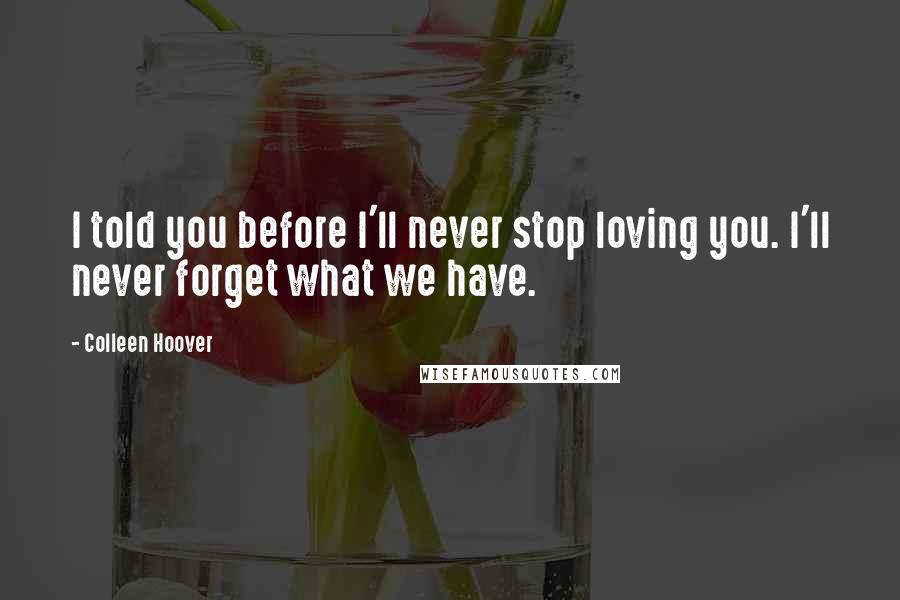 Colleen Hoover Quotes: I told you before I'll never stop loving you. I'll never forget what we have.