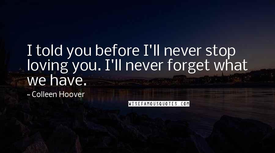 Colleen Hoover Quotes: I told you before I'll never stop loving you. I'll never forget what we have.