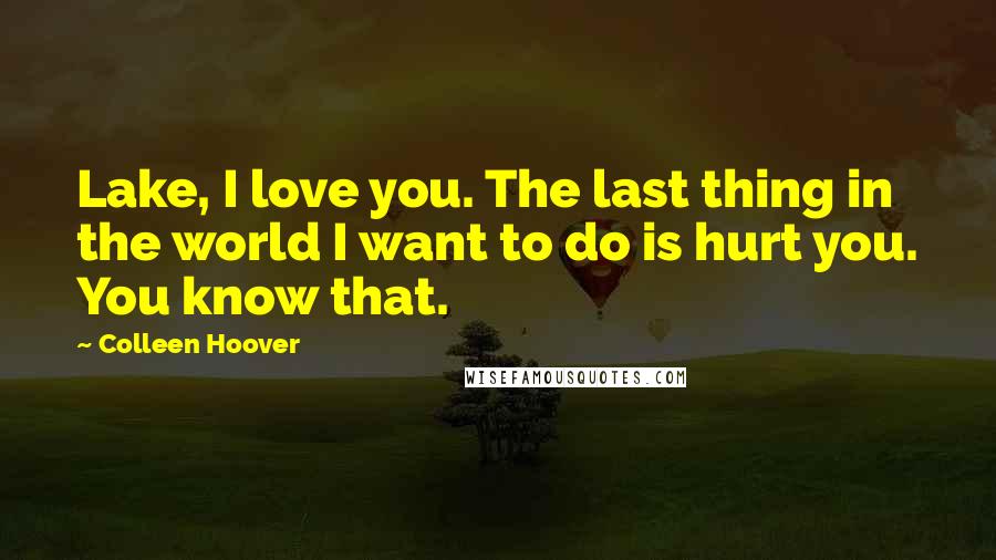 Colleen Hoover Quotes: Lake, I love you. The last thing in the world I want to do is hurt you. You know that.