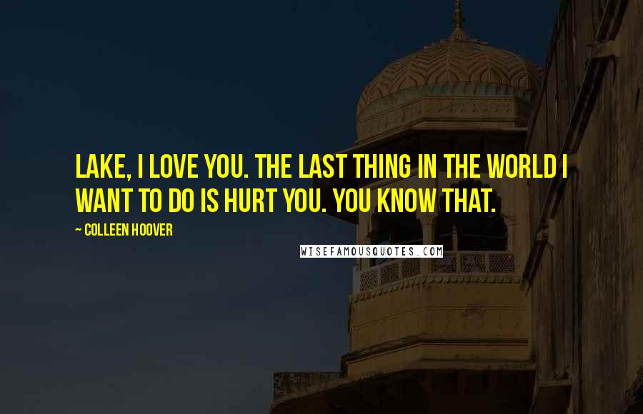 Colleen Hoover Quotes: Lake, I love you. The last thing in the world I want to do is hurt you. You know that.