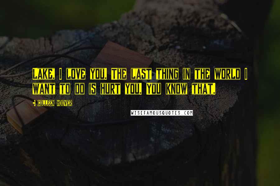 Colleen Hoover Quotes: Lake, I love you. The last thing in the world I want to do is hurt you. You know that.