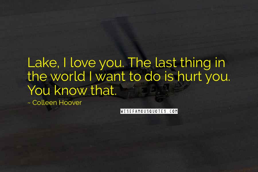 Colleen Hoover Quotes: Lake, I love you. The last thing in the world I want to do is hurt you. You know that.