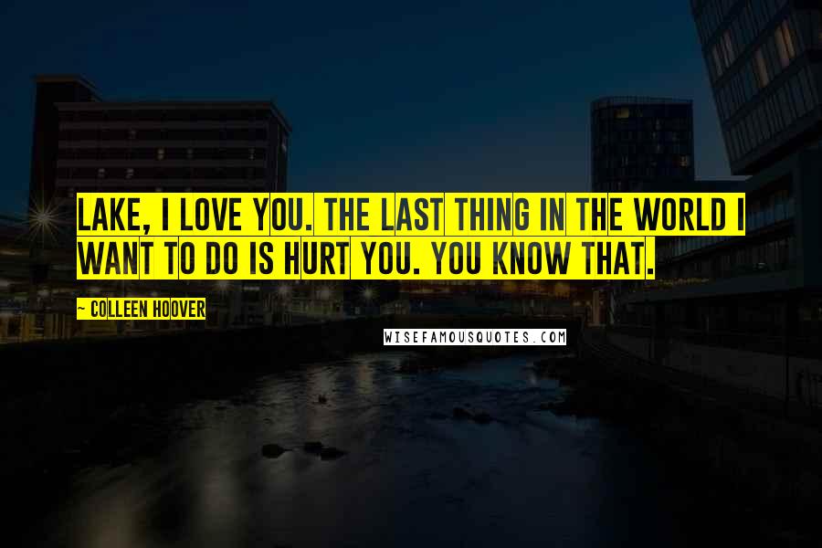 Colleen Hoover Quotes: Lake, I love you. The last thing in the world I want to do is hurt you. You know that.