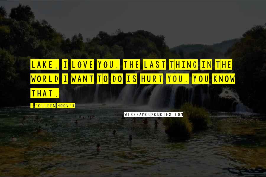 Colleen Hoover Quotes: Lake, I love you. The last thing in the world I want to do is hurt you. You know that.