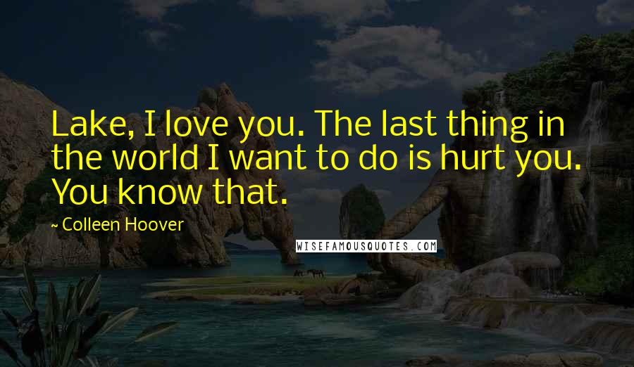 Colleen Hoover Quotes: Lake, I love you. The last thing in the world I want to do is hurt you. You know that.