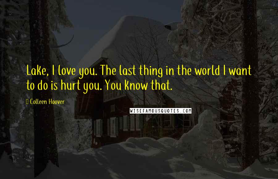 Colleen Hoover Quotes: Lake, I love you. The last thing in the world I want to do is hurt you. You know that.