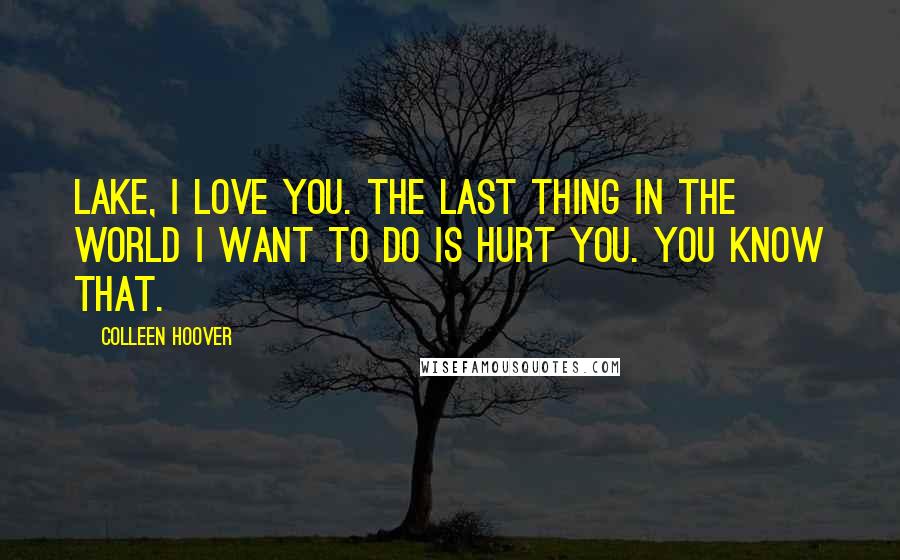 Colleen Hoover Quotes: Lake, I love you. The last thing in the world I want to do is hurt you. You know that.