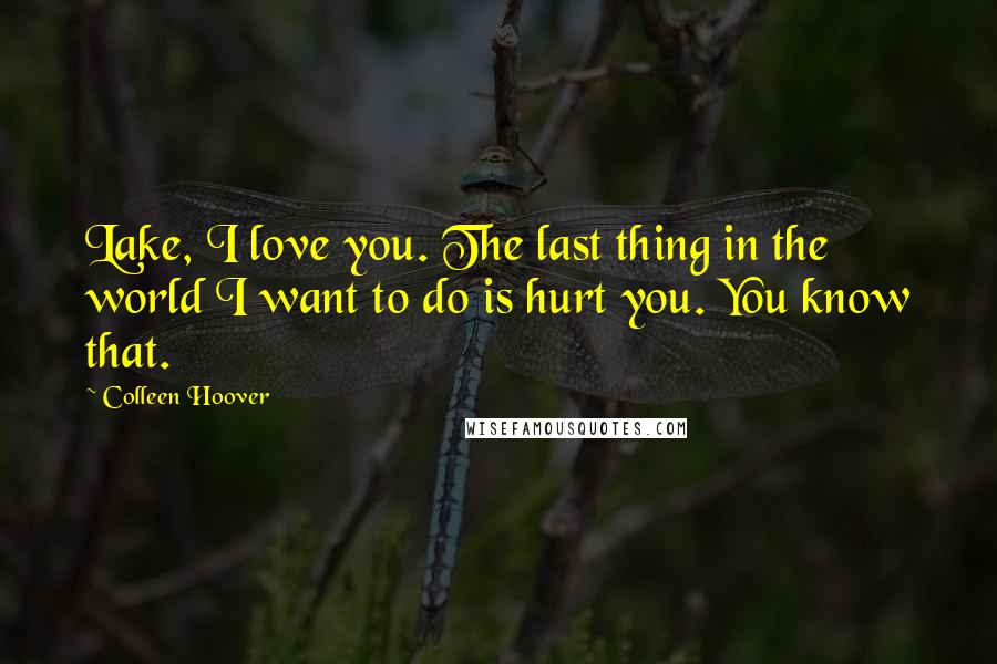 Colleen Hoover Quotes: Lake, I love you. The last thing in the world I want to do is hurt you. You know that.