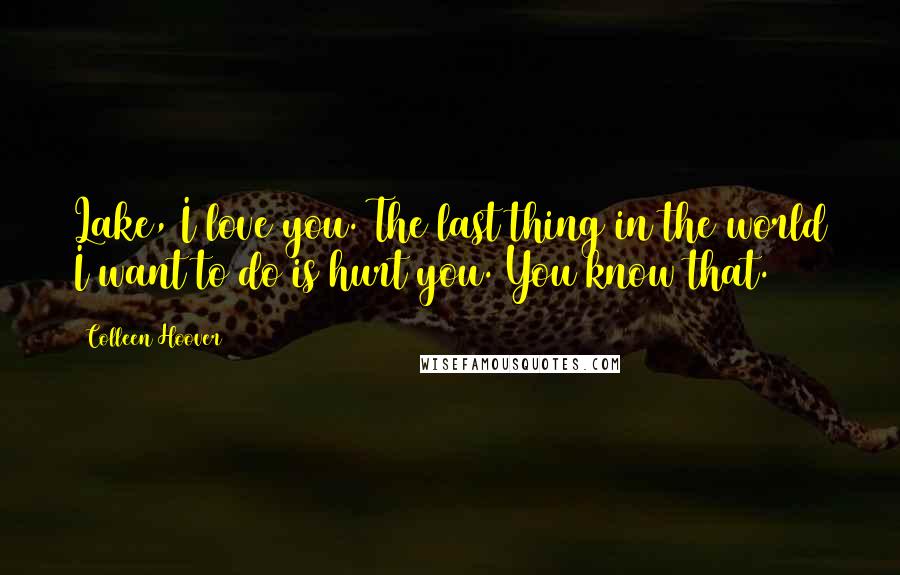 Colleen Hoover Quotes: Lake, I love you. The last thing in the world I want to do is hurt you. You know that.