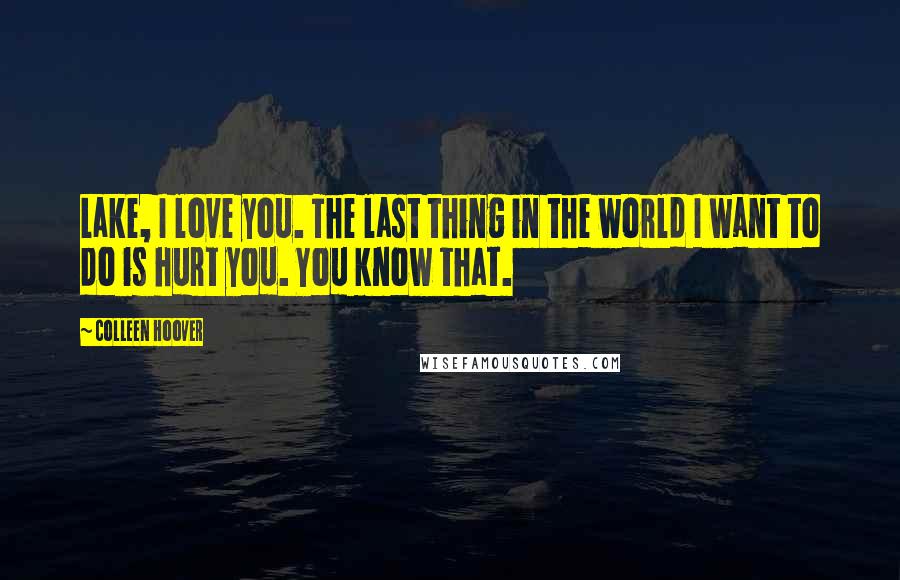 Colleen Hoover Quotes: Lake, I love you. The last thing in the world I want to do is hurt you. You know that.