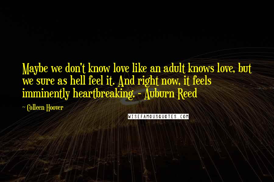 Colleen Hoover Quotes: Maybe we don't know love like an adult knows love, but we sure as hell feel it. And right now, it feels imminently heartbreaking. - Auburn Reed