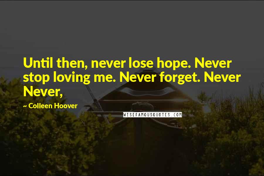 Colleen Hoover Quotes: Until then, never lose hope. Never stop loving me. Never forget. Never Never,
