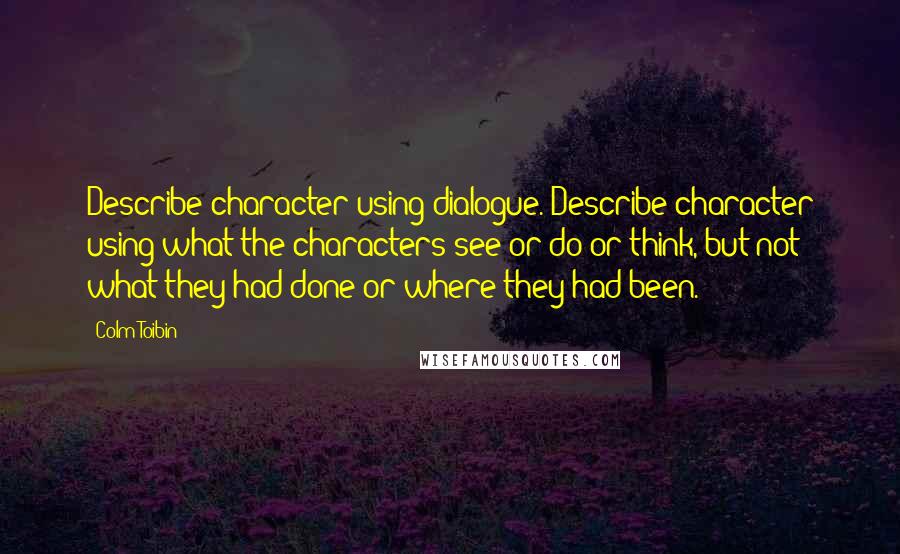 Colm Toibin Quotes: Describe character using dialogue. Describe character using what the characters see or do or think, but not what they had done or where they had been.