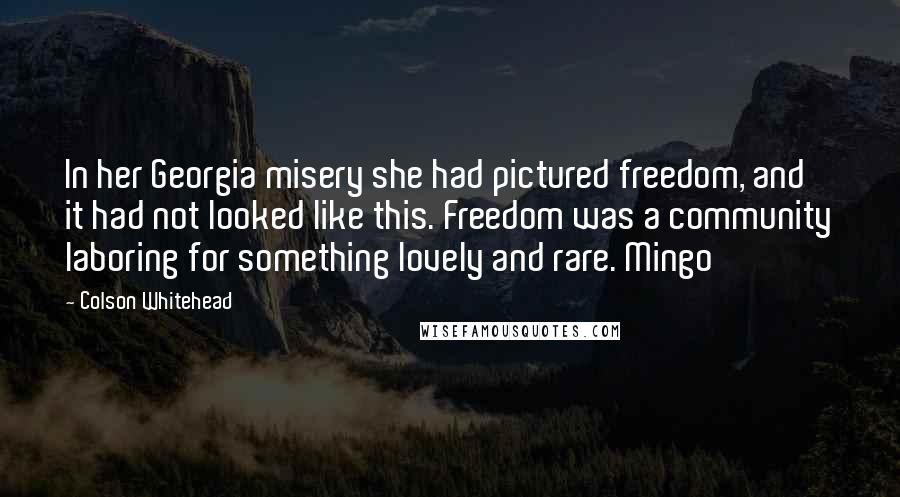 Colson Whitehead Quotes: In her Georgia misery she had pictured freedom, and it had not looked like this. Freedom was a community laboring for something lovely and rare. Mingo