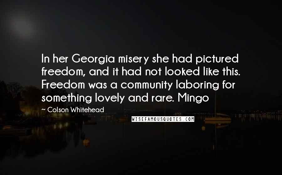 Colson Whitehead Quotes: In her Georgia misery she had pictured freedom, and it had not looked like this. Freedom was a community laboring for something lovely and rare. Mingo