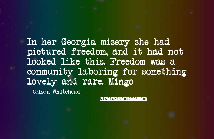 Colson Whitehead Quotes: In her Georgia misery she had pictured freedom, and it had not looked like this. Freedom was a community laboring for something lovely and rare. Mingo