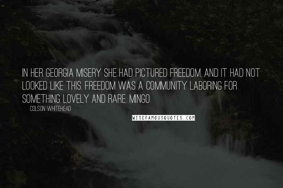 Colson Whitehead Quotes: In her Georgia misery she had pictured freedom, and it had not looked like this. Freedom was a community laboring for something lovely and rare. Mingo