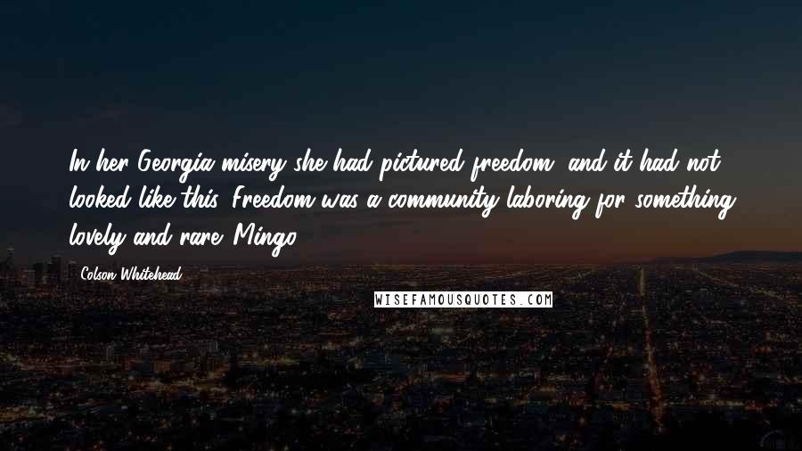 Colson Whitehead Quotes: In her Georgia misery she had pictured freedom, and it had not looked like this. Freedom was a community laboring for something lovely and rare. Mingo