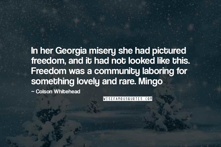 Colson Whitehead Quotes: In her Georgia misery she had pictured freedom, and it had not looked like this. Freedom was a community laboring for something lovely and rare. Mingo