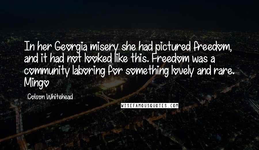 Colson Whitehead Quotes: In her Georgia misery she had pictured freedom, and it had not looked like this. Freedom was a community laboring for something lovely and rare. Mingo