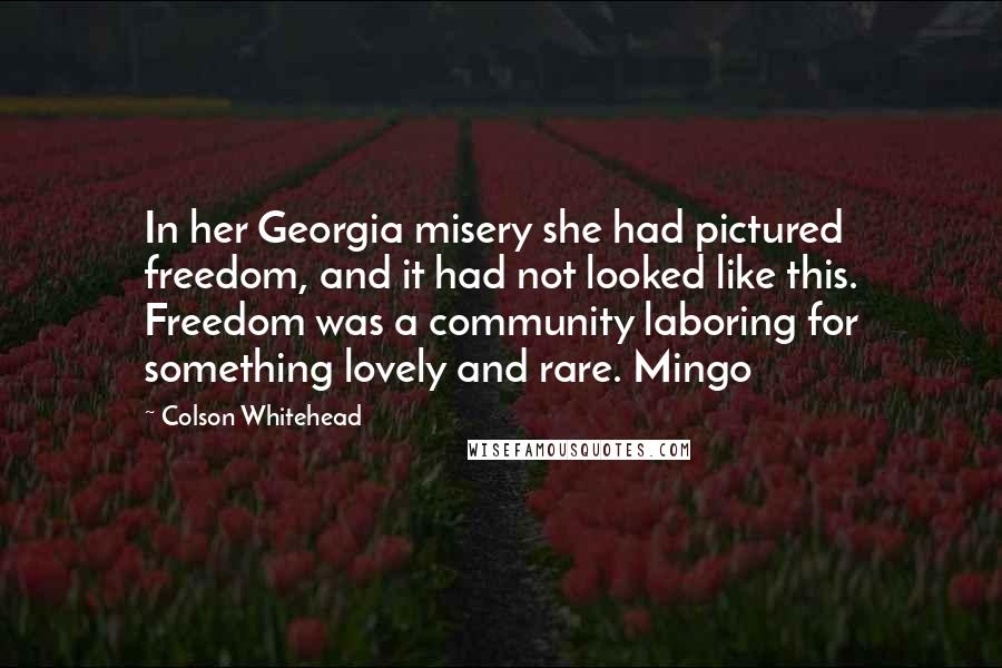 Colson Whitehead Quotes: In her Georgia misery she had pictured freedom, and it had not looked like this. Freedom was a community laboring for something lovely and rare. Mingo