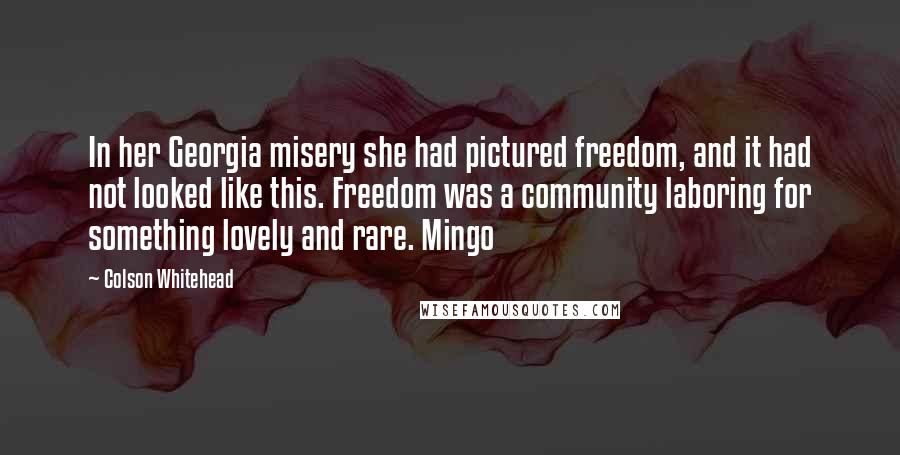 Colson Whitehead Quotes: In her Georgia misery she had pictured freedom, and it had not looked like this. Freedom was a community laboring for something lovely and rare. Mingo