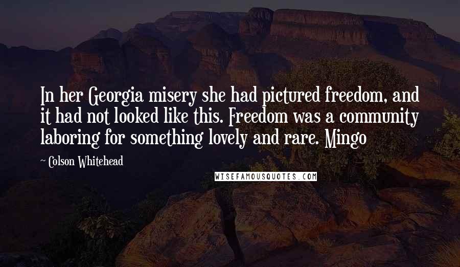 Colson Whitehead Quotes: In her Georgia misery she had pictured freedom, and it had not looked like this. Freedom was a community laboring for something lovely and rare. Mingo