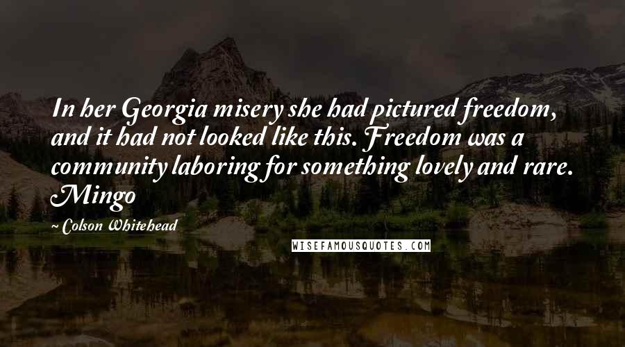 Colson Whitehead Quotes: In her Georgia misery she had pictured freedom, and it had not looked like this. Freedom was a community laboring for something lovely and rare. Mingo