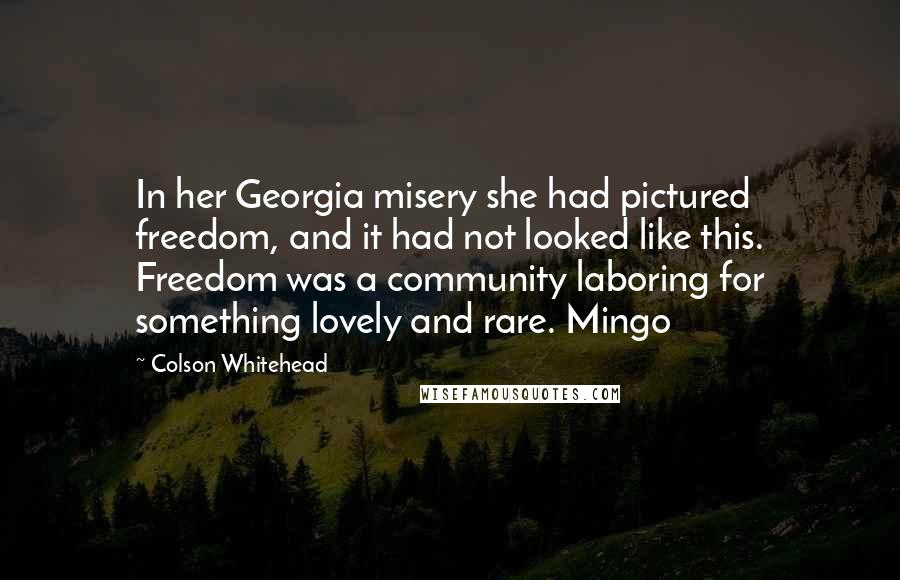 Colson Whitehead Quotes: In her Georgia misery she had pictured freedom, and it had not looked like this. Freedom was a community laboring for something lovely and rare. Mingo