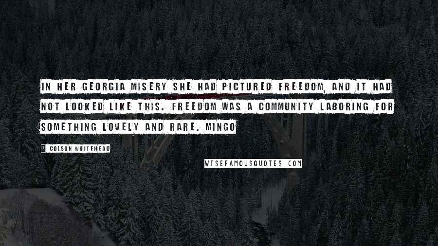 Colson Whitehead Quotes: In her Georgia misery she had pictured freedom, and it had not looked like this. Freedom was a community laboring for something lovely and rare. Mingo