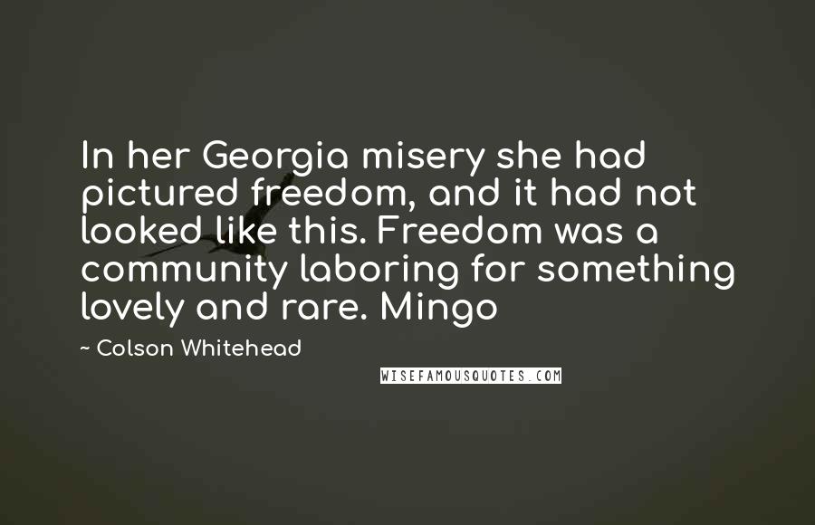 Colson Whitehead Quotes: In her Georgia misery she had pictured freedom, and it had not looked like this. Freedom was a community laboring for something lovely and rare. Mingo