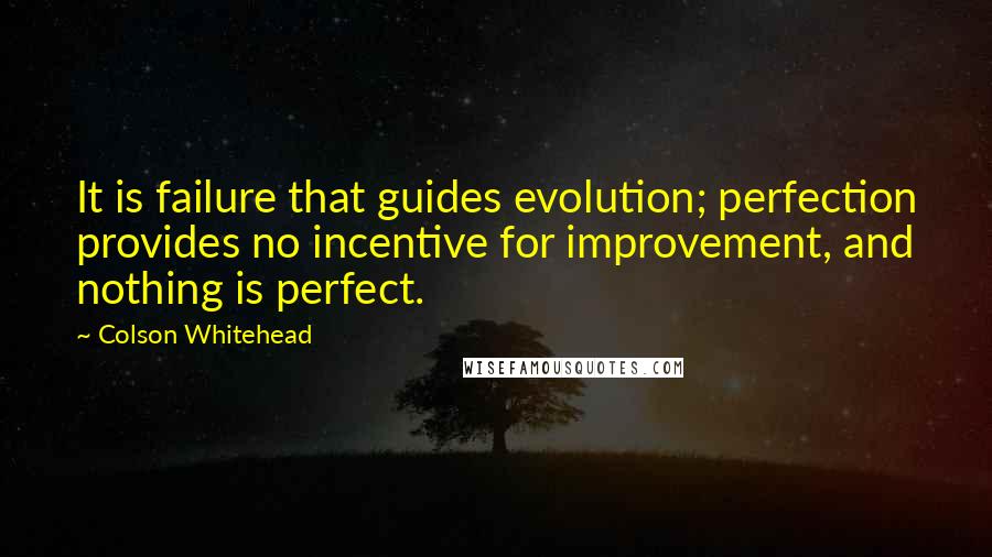 Colson Whitehead Quotes: It is failure that guides evolution; perfection provides no incentive for improvement, and nothing is perfect.