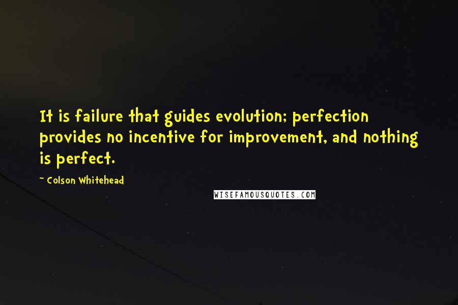 Colson Whitehead Quotes: It is failure that guides evolution; perfection provides no incentive for improvement, and nothing is perfect.