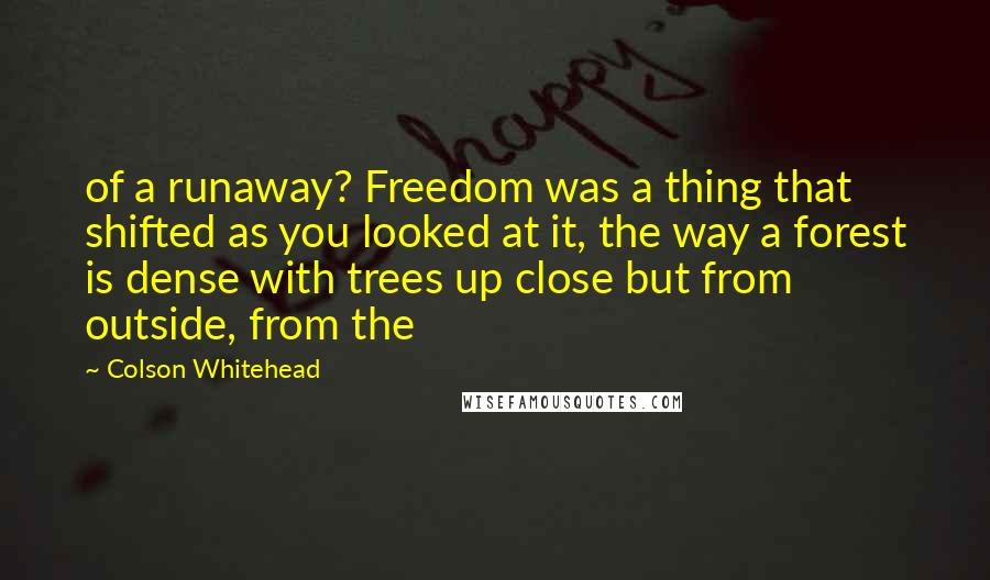 Colson Whitehead Quotes: of a runaway? Freedom was a thing that shifted as you looked at it, the way a forest is dense with trees up close but from outside, from the