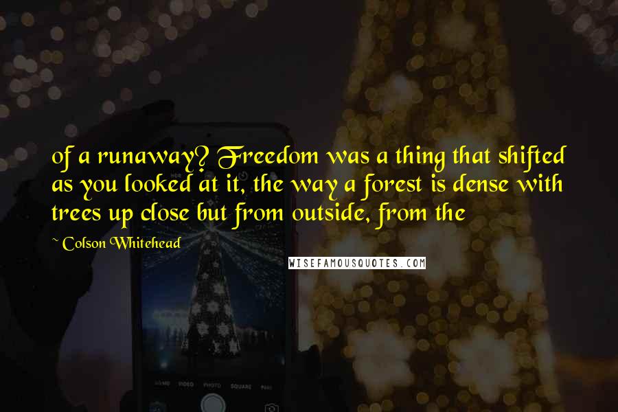 Colson Whitehead Quotes: of a runaway? Freedom was a thing that shifted as you looked at it, the way a forest is dense with trees up close but from outside, from the