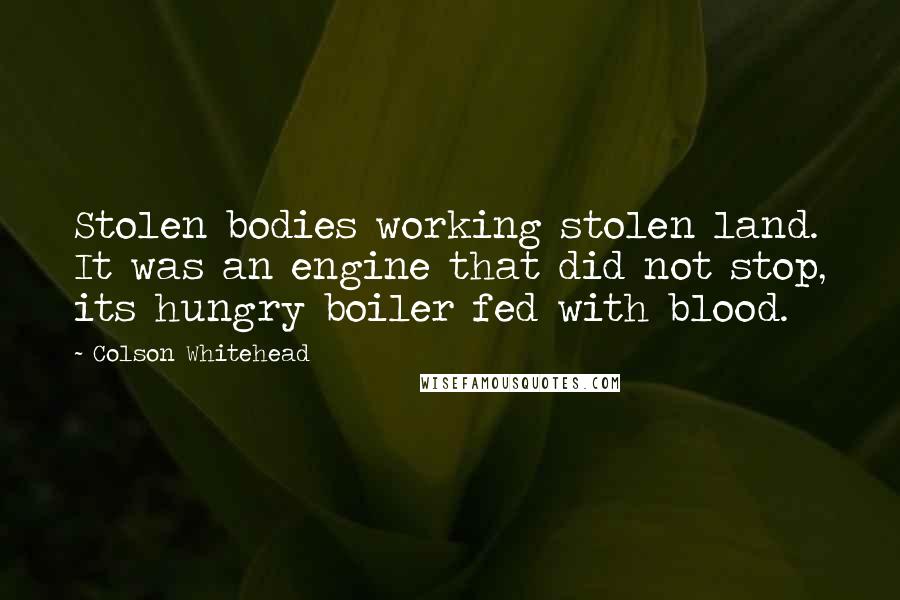 Colson Whitehead Quotes: Stolen bodies working stolen land. It was an engine that did not stop, its hungry boiler fed with blood.