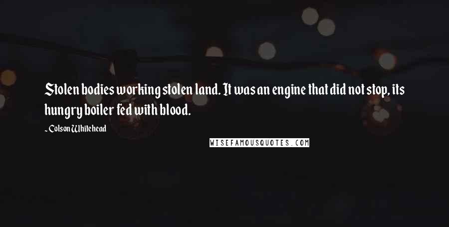 Colson Whitehead Quotes: Stolen bodies working stolen land. It was an engine that did not stop, its hungry boiler fed with blood.