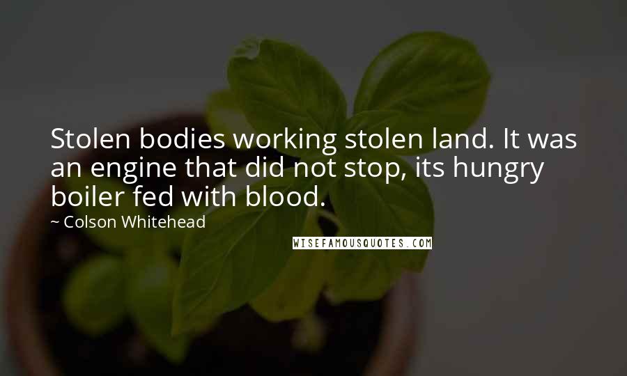 Colson Whitehead Quotes: Stolen bodies working stolen land. It was an engine that did not stop, its hungry boiler fed with blood.