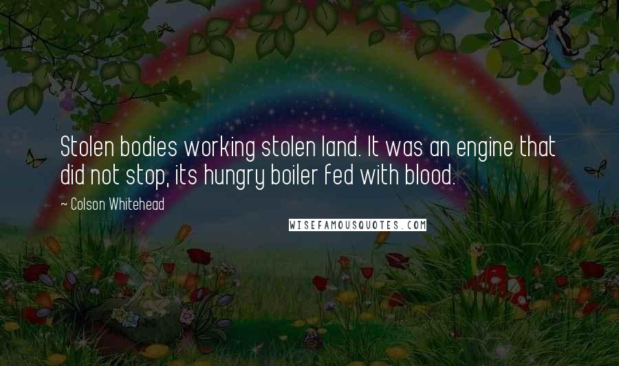 Colson Whitehead Quotes: Stolen bodies working stolen land. It was an engine that did not stop, its hungry boiler fed with blood.