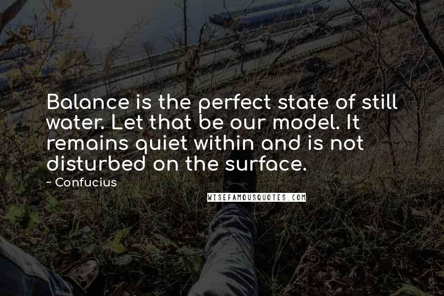 Confucius Quotes: Balance is the perfect state of still water. Let that be our model. It remains quiet within and is not disturbed on the surface.