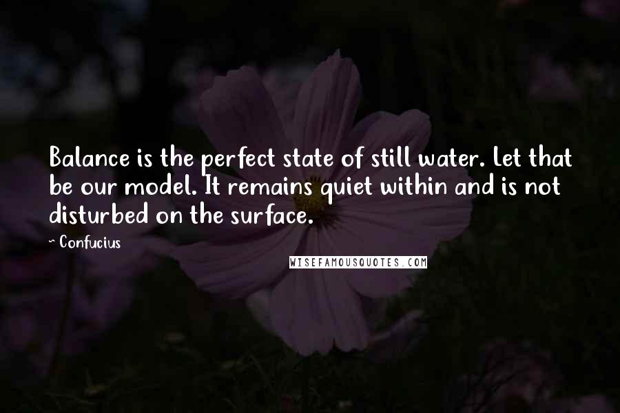Confucius Quotes: Balance is the perfect state of still water. Let that be our model. It remains quiet within and is not disturbed on the surface.